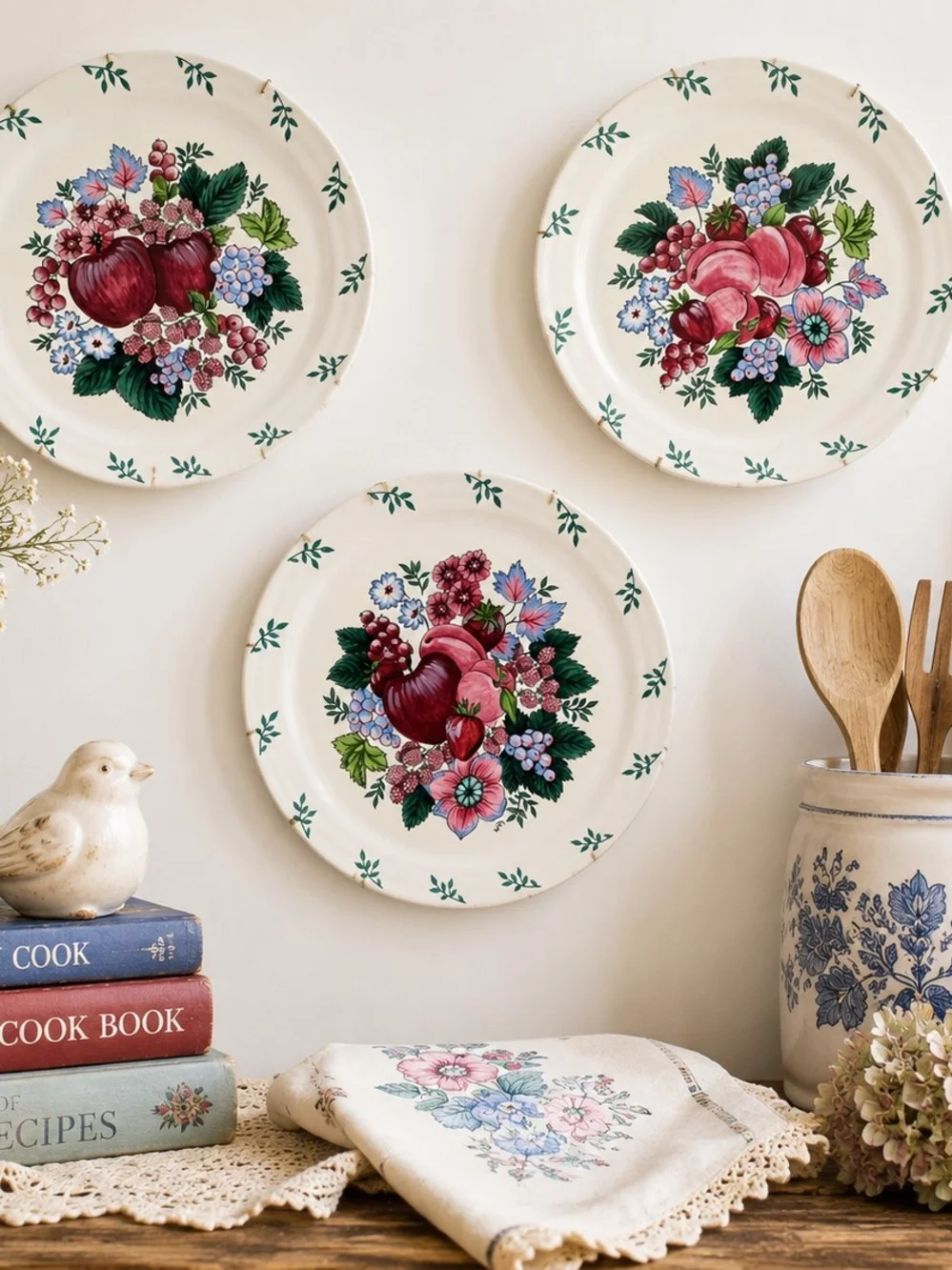 Vintage Floral Fruit Dinner Plate - Cream with Red & Green Bouquet